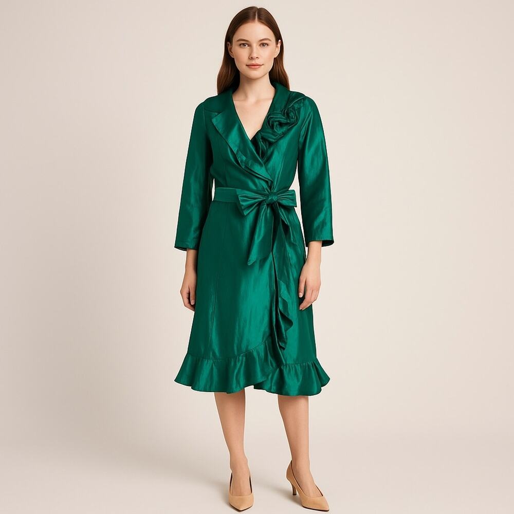 Teri Jon Rickie freeman Emerald Green 100% silk wrap Dress size 4 ruffle formal
